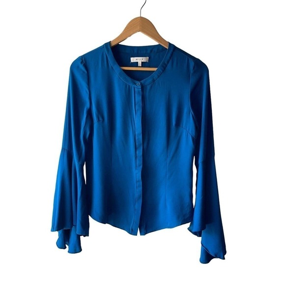 MILLY Size 6 Blue Trumpet Flare Sleeve Button Front Silk Blouse - Picture 2 of 7